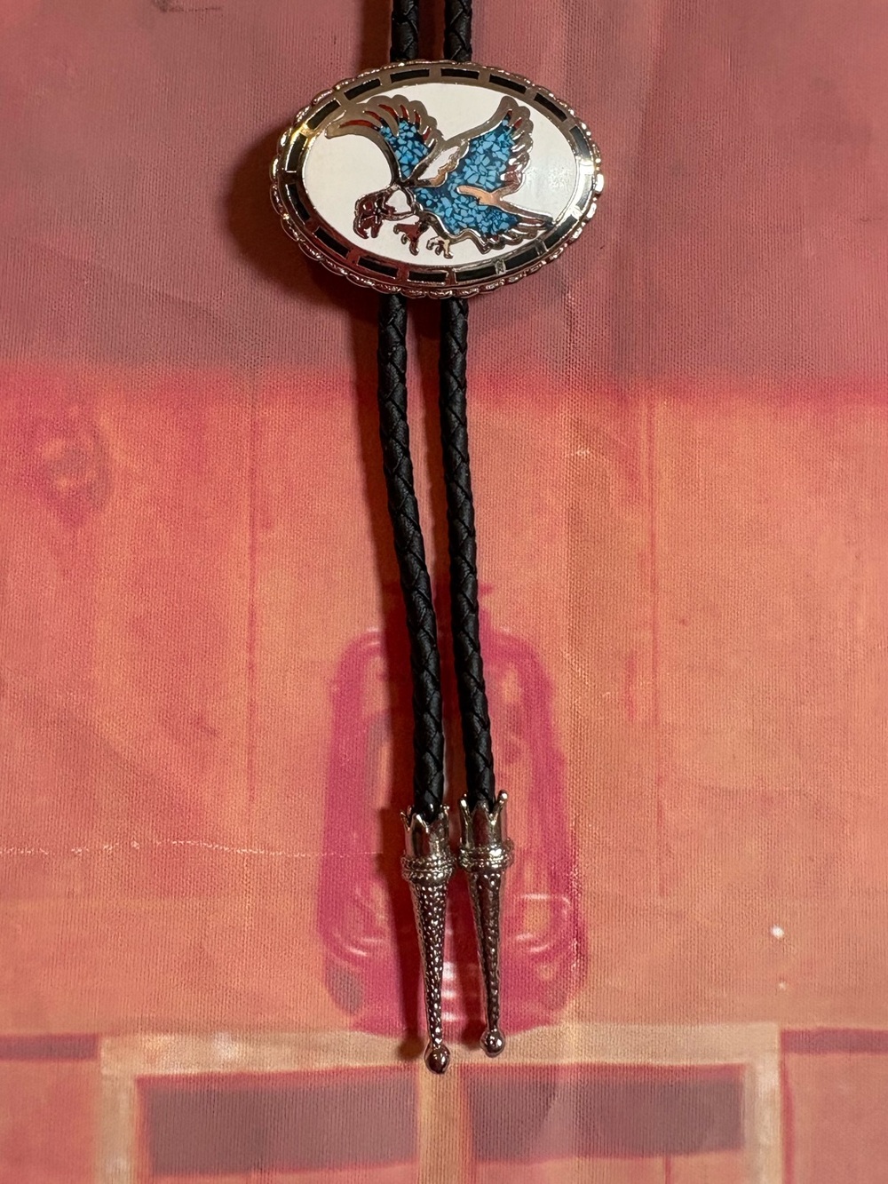 Vintage Eagle Bolo Tie | Faux Turquoise Inlay | Black Leather Cord |